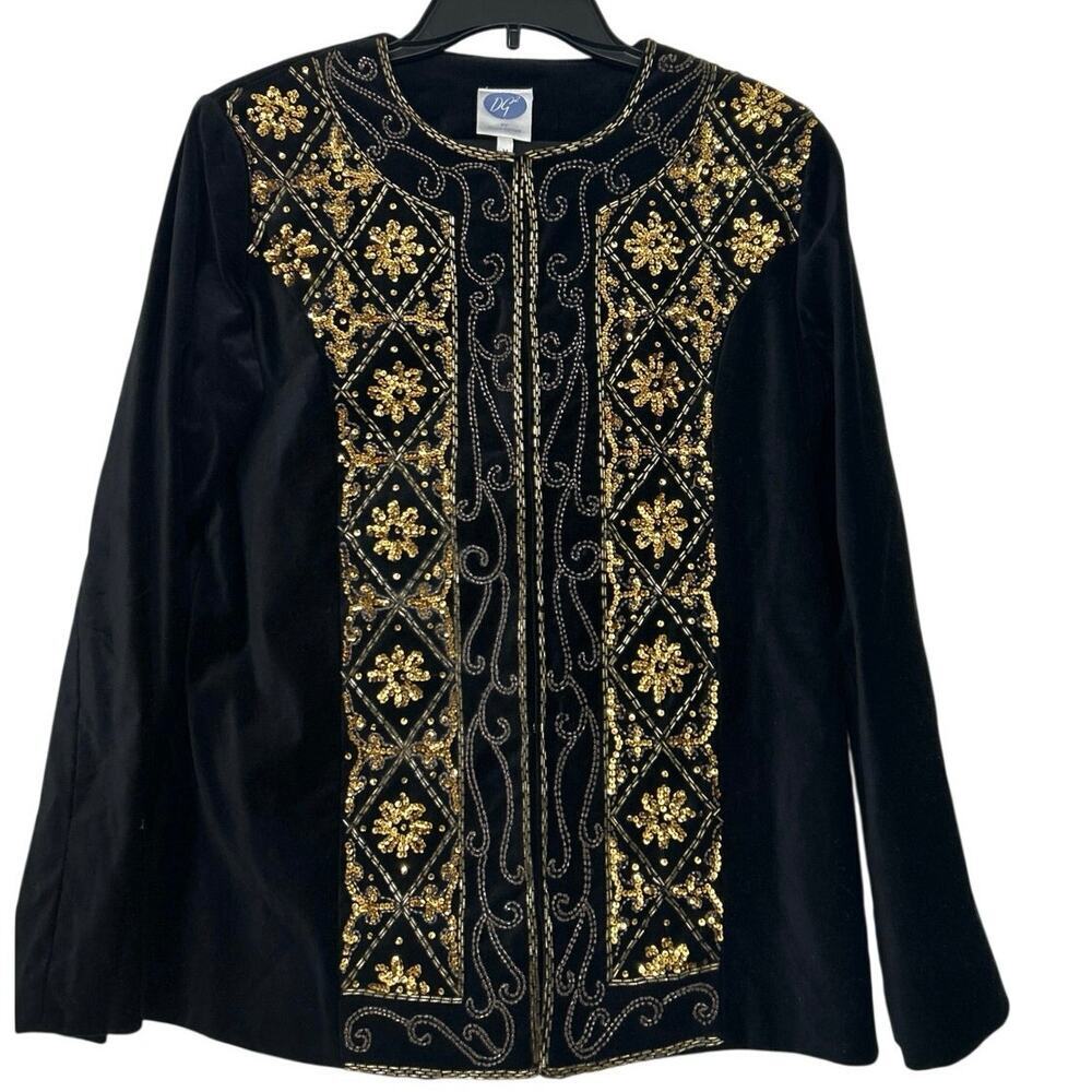 Velvet Beaded Black Gold Jacket Baroque Embellished Evening Statement Glam M